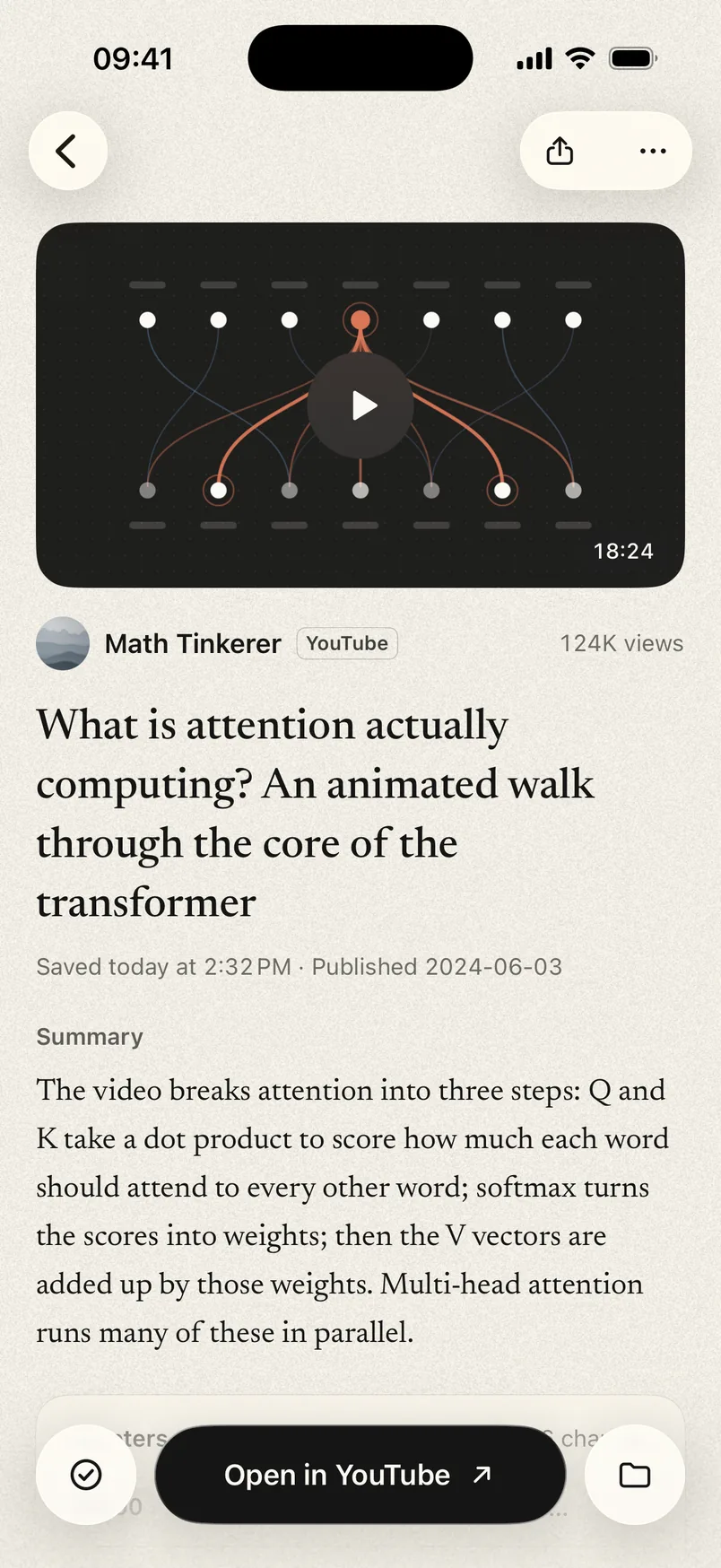 Shisui’s page for a saved video about attention in transformers: the cover, title, channel and a summary.