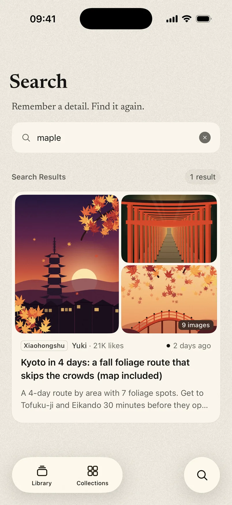Search results for “maple”, showing a saved post about a fall foliage route in Kyoto.