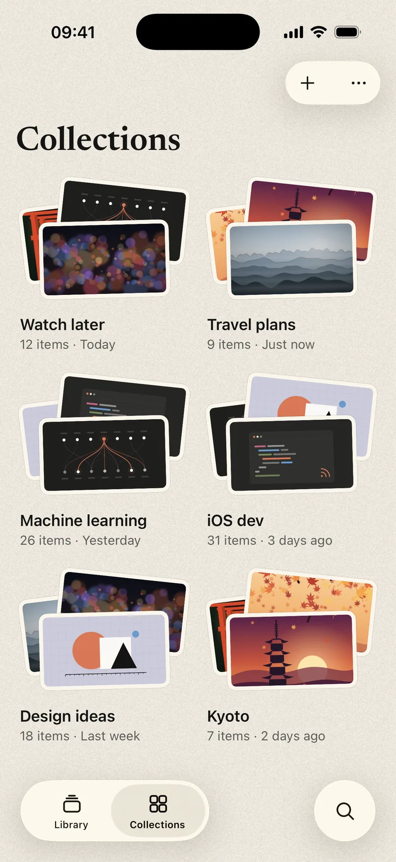 The Collections tab with six collections, such as Watch later and Travel plans, each shown as a stack of covers.