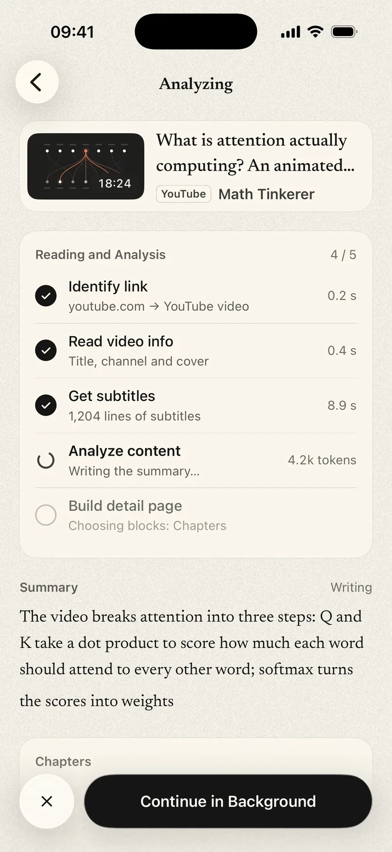 The analysis screen listing each step, such as getting subtitles, with the time each took.